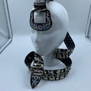 LYZ Zebra Haircalf Belt with Blk Stones and Silver Studding